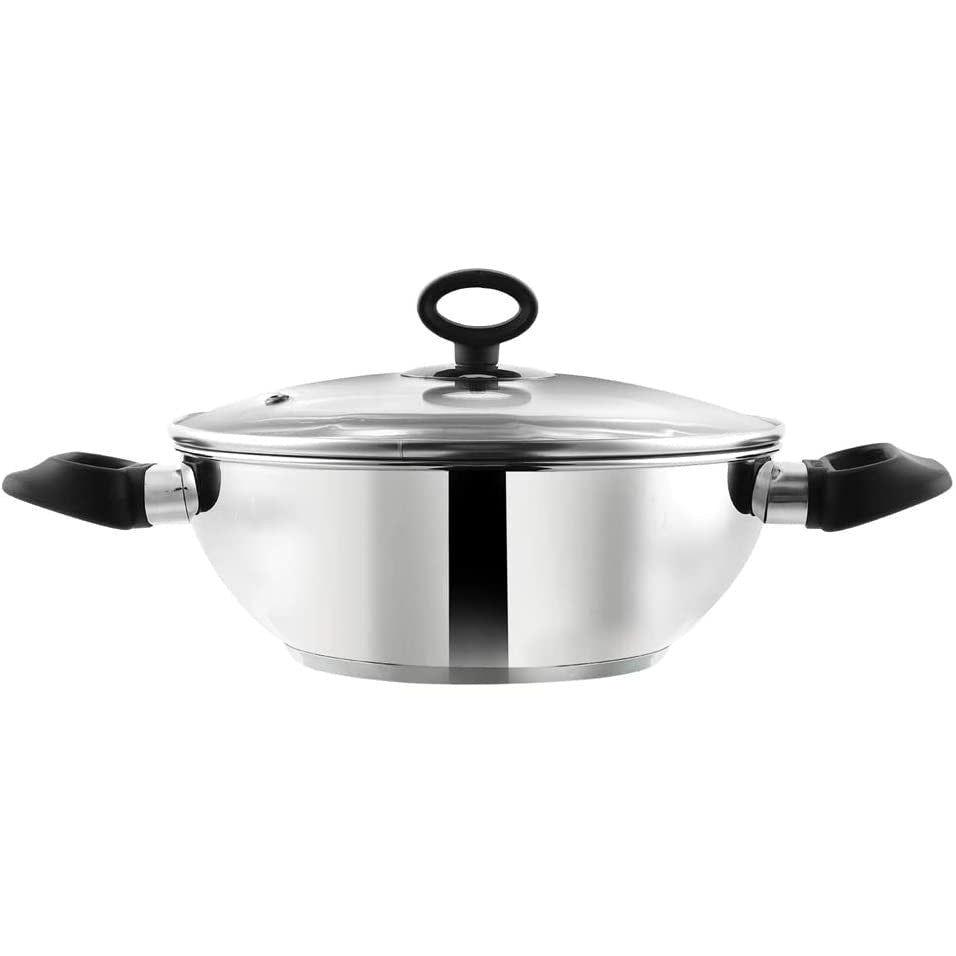 Stainless Steel Wok / Kadai With Glass Lid - Induction Base - DELUXE - 24 cm / 2.8 L