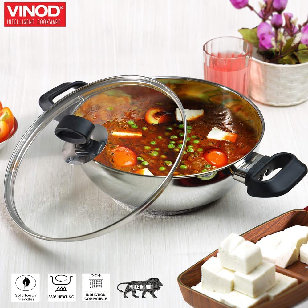 Stainless Steel Wok / Kadai With Glass Lid - Induction Base - DELUXE - 26 cm / 3.8 L