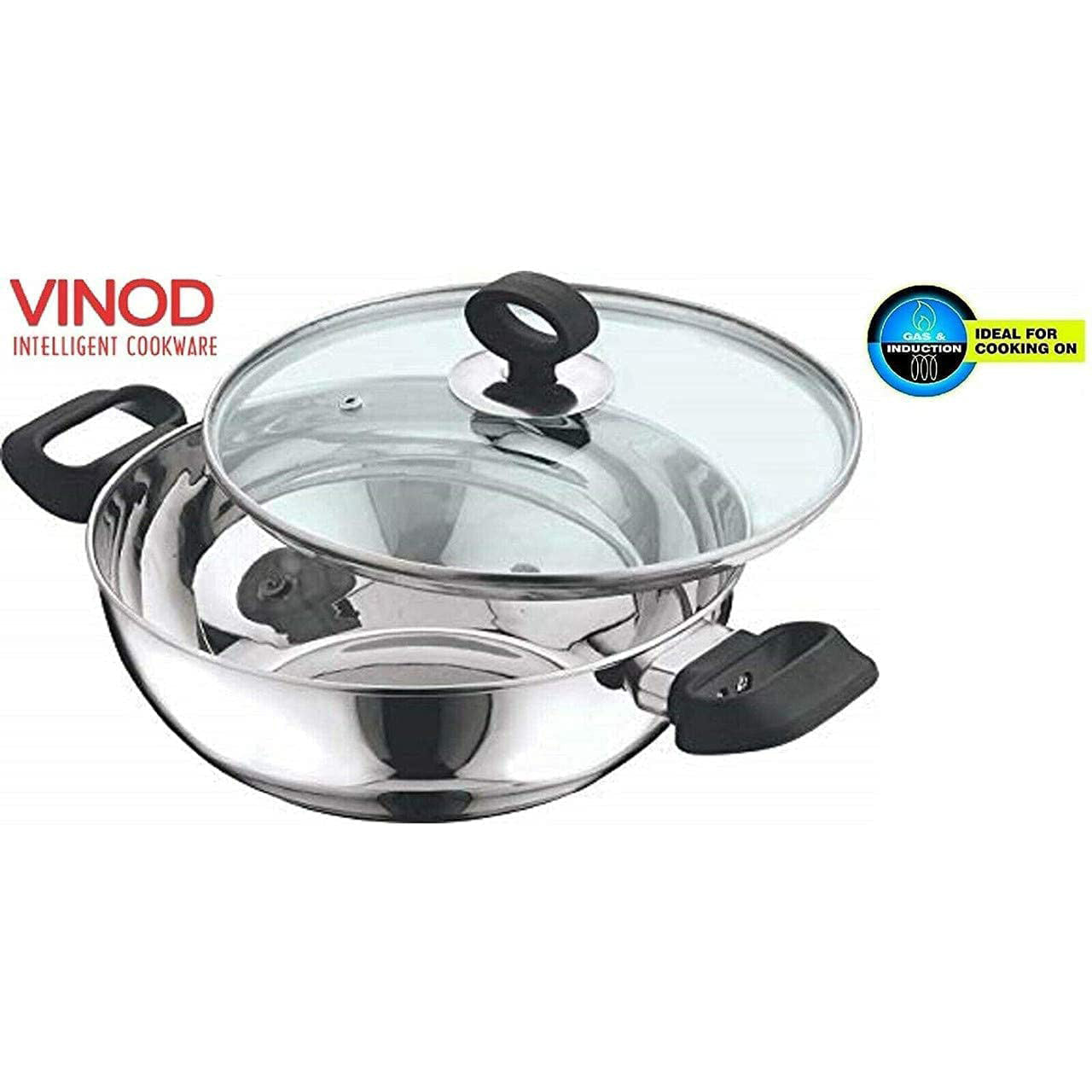 Stainless Steel Wok / Kadai With Glass Lid - Induction Base - DELUXE - 24 cm / 2.8 L