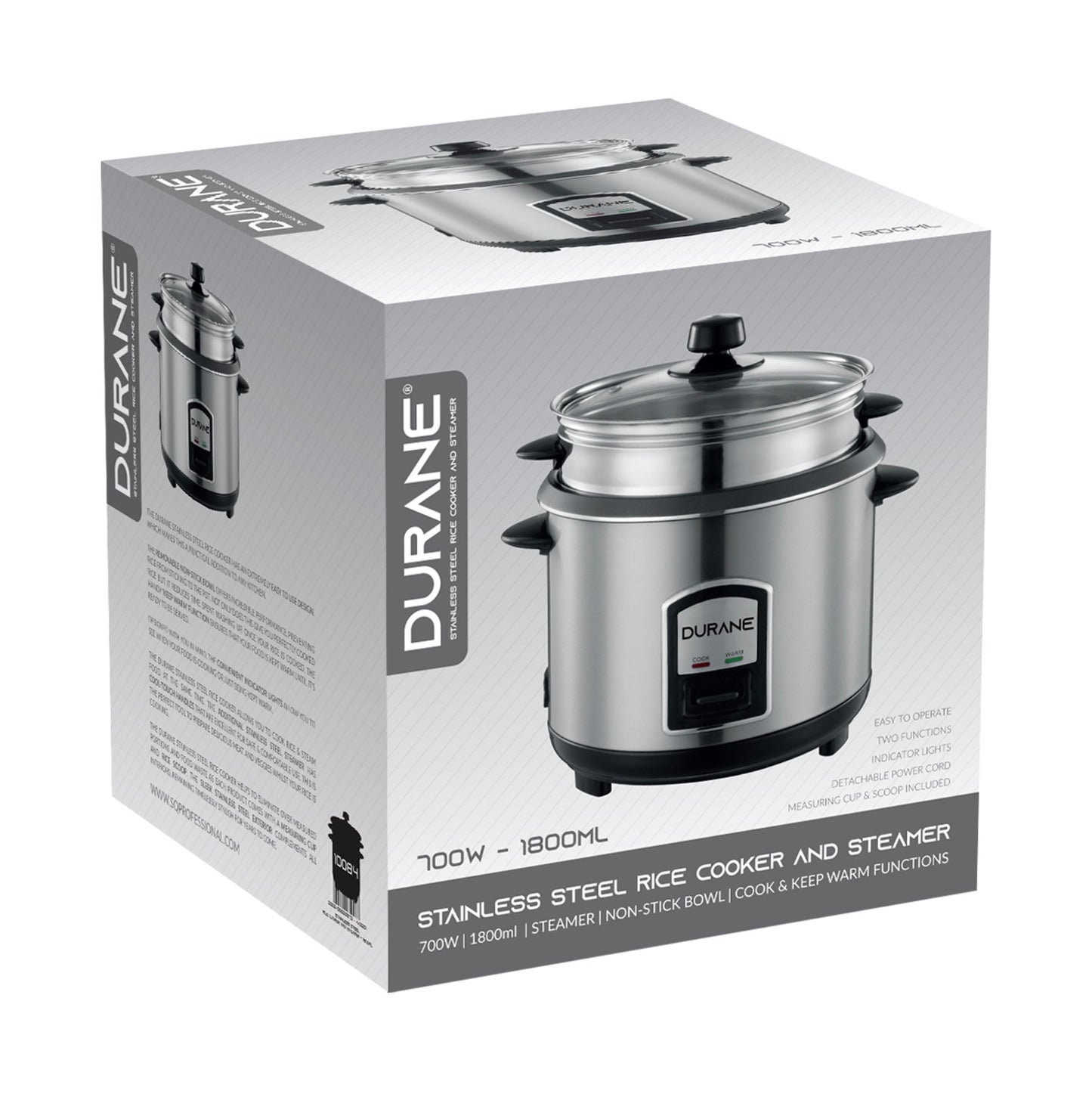 Durane Stainless Steel Rice Cooker and Steamer - 1.8L
