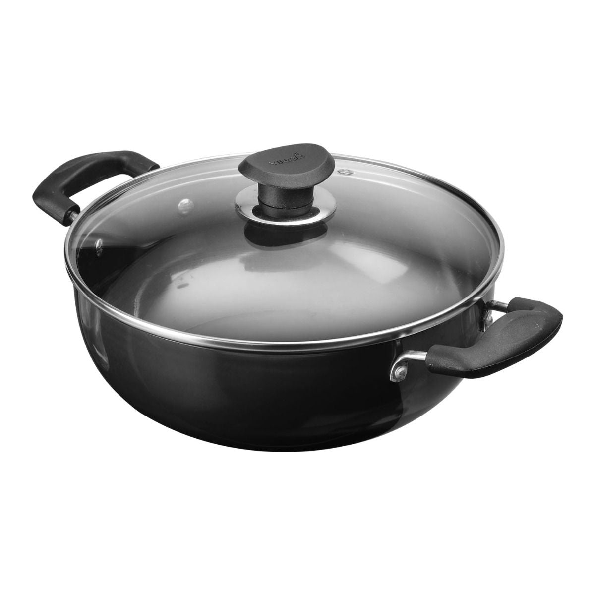 Hard Anodised Deep Kadai / Wok with Glass Lid - Black - 22 cm / 2.6 L