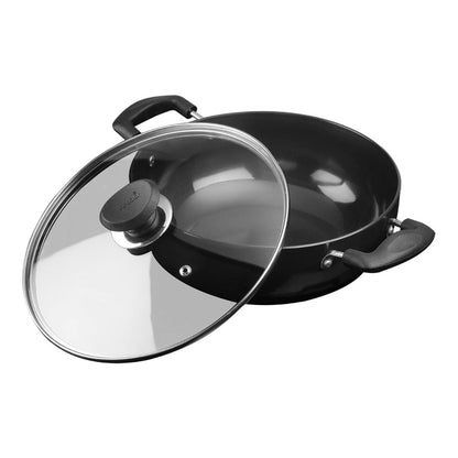 Hard Anodised Deep Kadai / Wok with Glass Lid - Black - 30 cm / 7.0 L