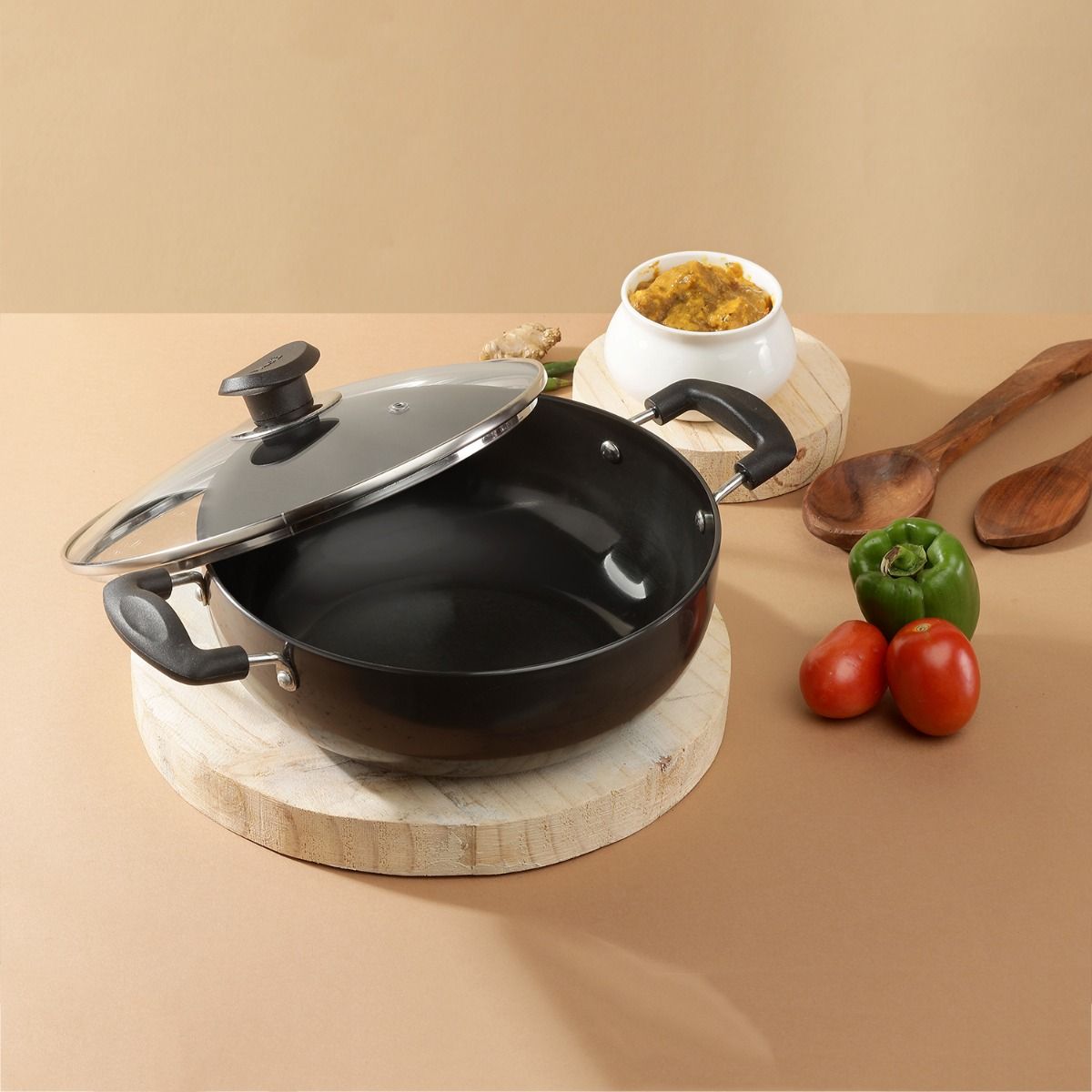Hard Anodised Deep Kadai / Wok with Glass Lid - Black - 28 cm / 5.5 L