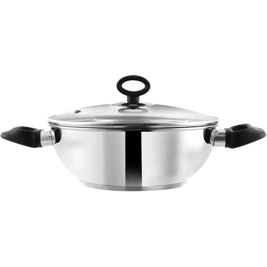 Stainless Steel Wok / Kadai With Glass Lid - Induction Base - DELUXE - 20 cm / 1.5 L
