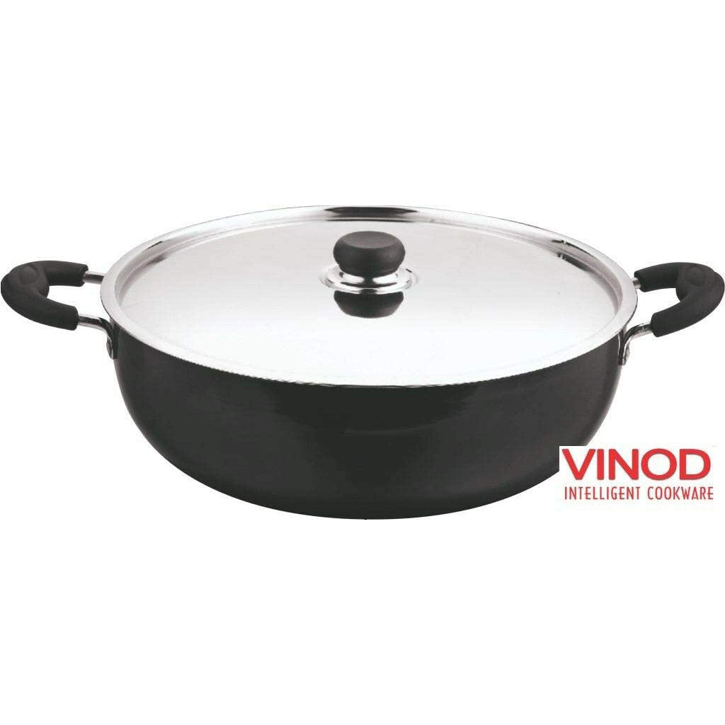 Hard Anodised Deep Kadai / Wok with Lid - Black - 34 cm / 9.5L
