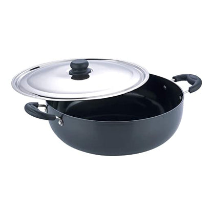 Vinod Hard Anodised Deep Kadai / Wok with Stainless Steel Lid - Black - 34 cm