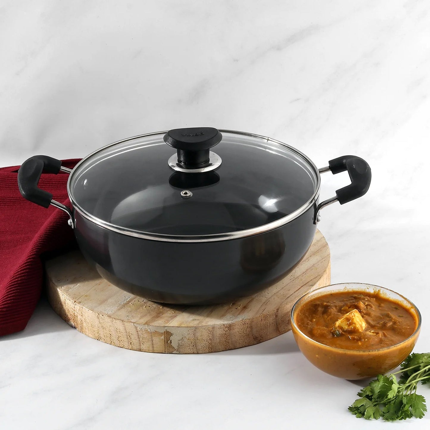 Vinod Hard Anodised Deep Kadai / Wok with Glass Lid - Induction Base - Black - 22 cm / 2.6 L